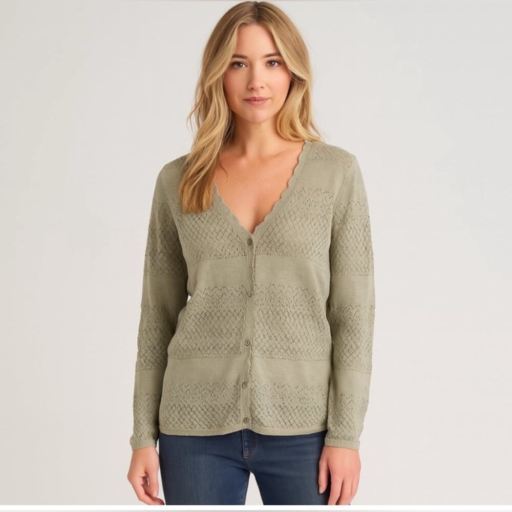 FRYE Light Seagrass Green Scalloped Knit Garden‎ Girl Cardigan 100% Cotton Large